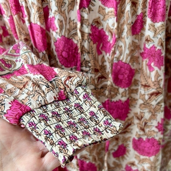 Rachel Zoe Pink Floral Boho Peasant Blouse Smocked Tie Neck Size L - Picture 6 of 10